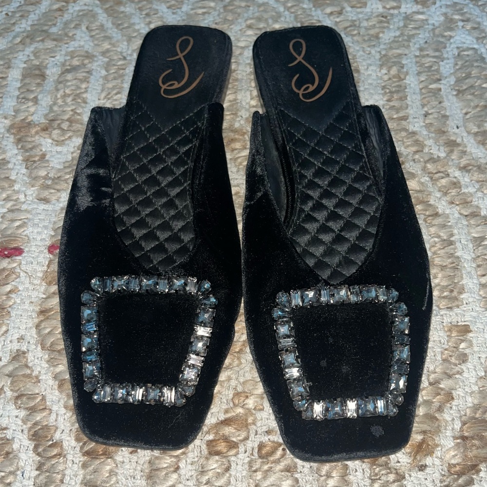 Sam Edelman Black Flat Mules with Rhinestone Buckle Sz 8 1/2